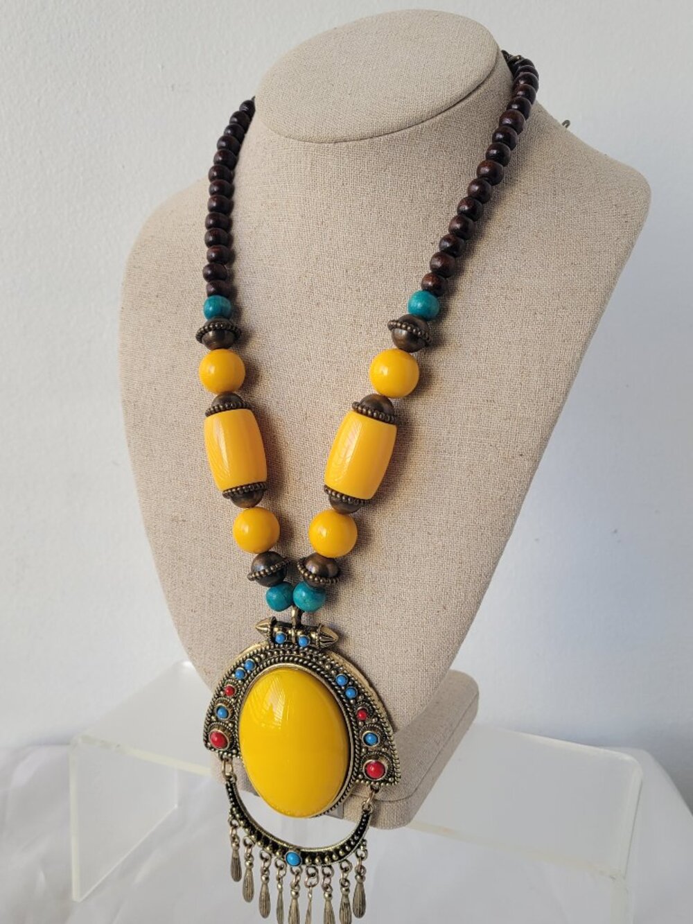 Boho Statement Necklace Yellow Pendant Turquoise Wood Beads Southwestern Ethnic